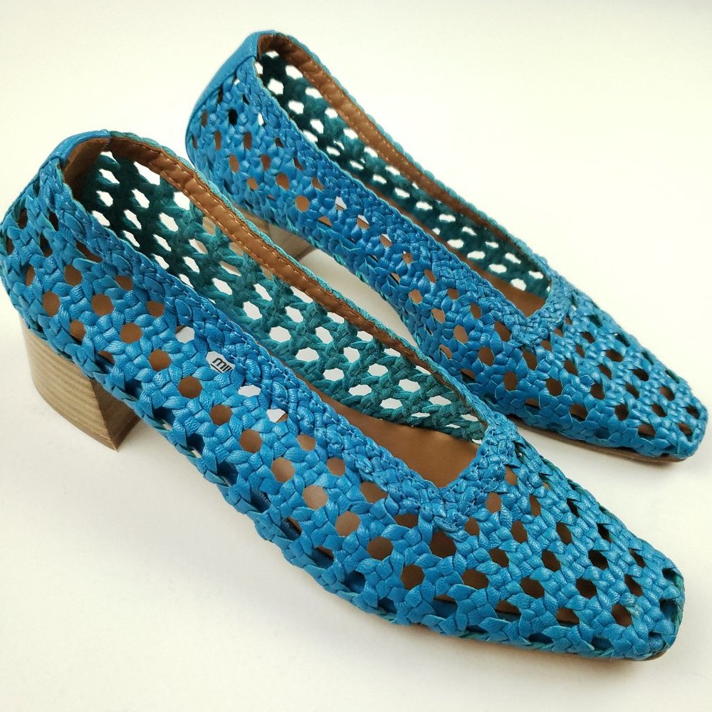 Miista London Noa Raffia Stacked Heel Pumps Blue Net Woven Shoes Size 39 8.5